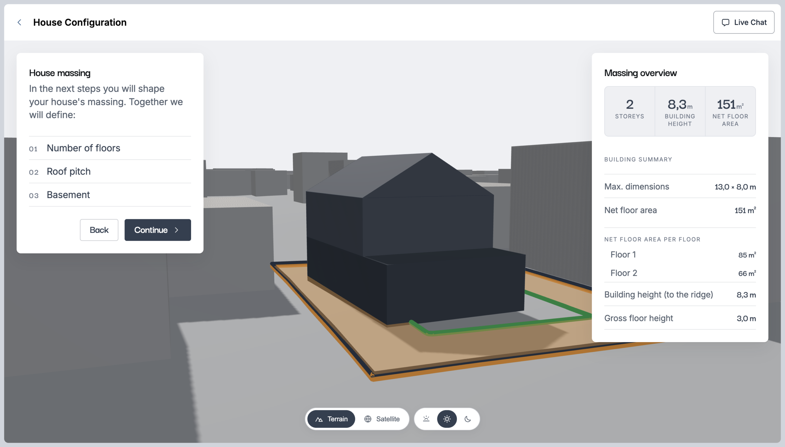 3D volume of a house on the plot among neighbouring buildings in Lynx Copilot